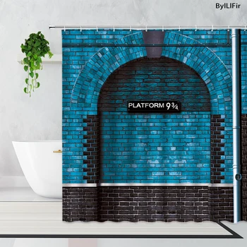 Kék Retro Északi Épület 9 3/4-Platform Zuhanyzó Függöny Barna Fal Vintage Fürdőszoba Poliészter Vízálló Fürdő Függöny Szett