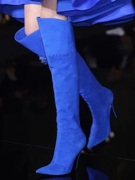 Kék Velúr Kifutó Kép Csizma Szexi Hegyes Toe Stiletto Magas Sarkú Több, Mint A Térd Divat Női Cipő, Vékony, Magas Sarkú Cipő