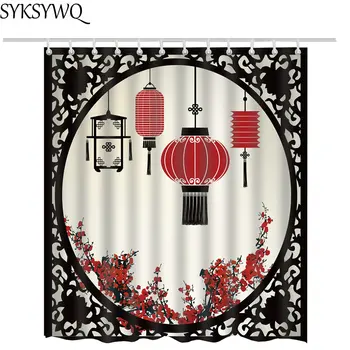 Kínai stílusú lámpás zuhanyzó függöny szövet Plum blossom nyomtatott rideau de köcsög noir fürdőszobában zuhanyzó függöny
