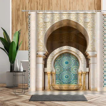 Marokkói Dekoráció Zuhanyfüggöny Régi Épület Tervezés Haza Fürdő Képernyő Poliészter Szövet Fürdőszoba Lógó Függöny Szett Horgok