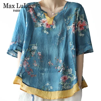 Max LuLu 2021 Nyári Kínai Stílusú Pólók Női Nyomtatott Alkalmi Felsők Vászon V-nyak, Laza Ruhák, Női Rövid Ujjú Kék Blúzt