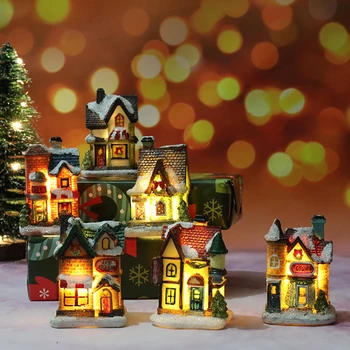 Mini Karácsonyi Gyanta Falu, Ház, Szobor, LED Izzó Falu Figurák, Karácsonyi Függő Dísz Új Évet Gyerekek Ajándékokat