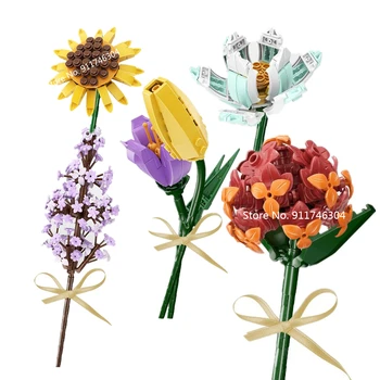 Minimalizmus Virág Építőkövei Dekorációk, Tulipán, Nárcisz, Orgona Daisy Lotus Szegfű Napraforgó Jázmin Játékok Diy