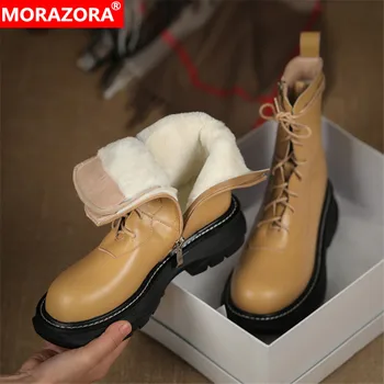 MORAZORA 2022 Plus Size 43 Gyapjú Csizma Női Téli Cipő Valódi Bőrből készült Hó Csizma Csipke Lapos Cipő Női Boka Csizma