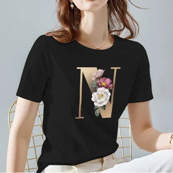 Nyári Fekete Női póló az Összes mérkőzés Utcai Divat, Női Póló, Személyre szabott Virágok, Levél Minta Sorozat Rövid Ujjú Felsők