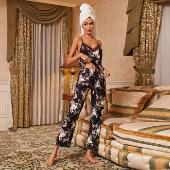 Női Hálóruha Szexi Vintage Pizsama Szett Balck Csipke V-Nyakú Ruhát Ujjatlan Cami Felső Nadrág öltöny