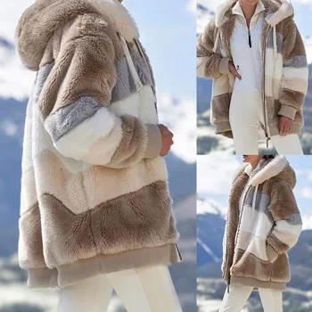 Női Téli Meleg Patchwork Kapucnis Kabát Divat Többszínű Laza Plüss Meleg Kabát Eladó Őszi Téli