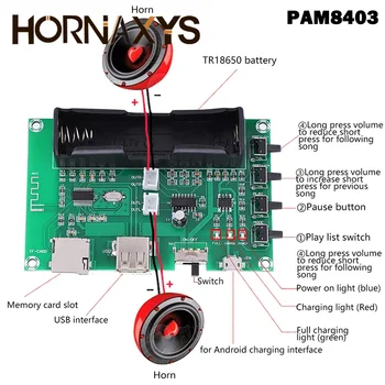 PAM8403 5W+5W kétcsatornás Vezeték nélküli Bluetooth Digitális Vevőkészülék Audio Sztereó Erősítő Modul 18650 Töltés Testület DC 5V