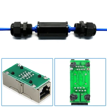 Porvédett Női Csatoló Fekete Vízálló Adapter Ethernet Dupla Fej Hálózati Kábel Csatlakozó, ABS, IP67 Kültéri RJ45