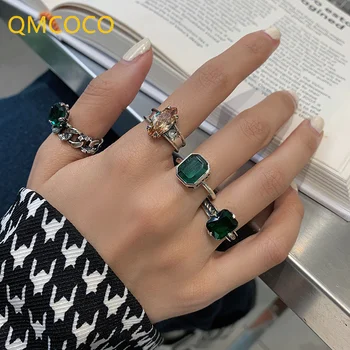 QMCOCO 925 Ezüst Zöld Cirkon Gyűrű Finom Ékszerek A Nők, Párok INS Divat Kreatív Design Party Kellékek, Jól Ajándékok