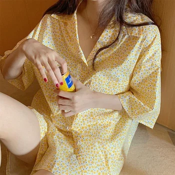 Qweek Női Ruházati Készletek Nyári Plus Size Pizsama Nyári Este Haza Ruha Virágos Pizsama Koreai Stílus Pijamas Hálóruházat Aranyos