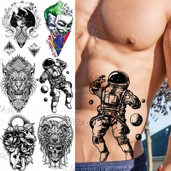 Reális Fekete Űrhajós Ideiglenes Tetoválás A Férfiak A Nők Hamis Bohóc Koponya Hold Farkas Tetoválás Matrica Nagy, Tetoválás Űrhajós