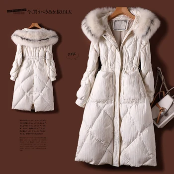 SHUCHAN Luxus Kabát Abrigos Mujer Invierno 2021 90% Fehér Kacsa Le Hood 3D Nyomtatás Vintage RÓKA Bunda Hosszú Kabát Cipzár