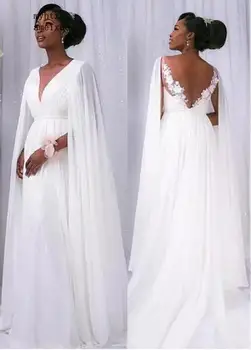 Strand Vestido De Noiva 2020 Olcsó Esküvői Ruhák Mély, V-nyakú Chiffon Csipke Bohém Backless Dubai arab Esküvői Ruha Menyasszonyi