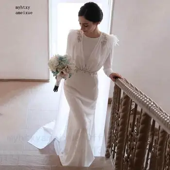 Szexi Csipke Egyszerű Esküvői Ruha 2021 Hosszú Ujjú Kristály Hidzsáb Menyasszony Ruha Toll Vestidos De Novia Fehér Arab Plus Size Hosszú