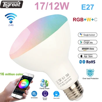 Tigreat Okos Izzó WiFi LED Lámpa 12/17W RGB+W+C E27 Időzítő Hang Távirányító Tuya Smart Home App Alexa ifttt Szabályozható