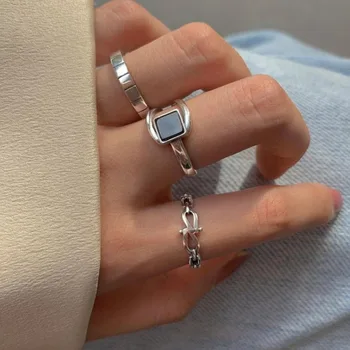 VENTFILLE 925 Sterling Ezüst Gyűrűk Ujját Új Divat Kreatív Fekete Kő Geometriai Szülinapi Parti Ékszer Ajándék