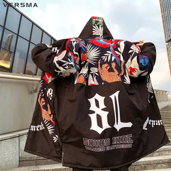 VERSMA Japán Harajuku Graffiti Nyomtatás Férfi Hosszú Téli Kabátok Zubbonyok Férfi Kapucnis Téli Hip-Hop Meleg kabát Kabát Dropshipping