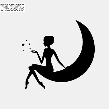 Volkrays Szép Autó Matrica Lány A Hold, a Csillagok, Tartozékok Fényvisszaverő, Fényvédő Vinyl Matrica Fekete/Ezüst,11cm*12cm