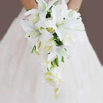 Vízesés Fehér Liliom Elefántcsont Rose Esküvői Virágok, Menyasszonyi Csokrok Artificiall Esküvői Csokor De Mariage Rose