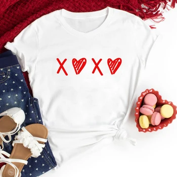 XOXO Szív Nyomtatás póló Aranyos Valentin Napi Ajándék Tshirt Camiseta Vicces Nők Grafikus Valentin Ünnep Felső Póló Femme