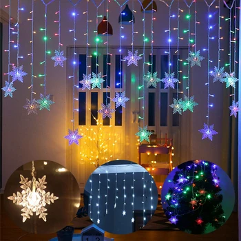 YEFUI EU/UK Plug Karácsonyi Hópehely Függöny String Lámpák LED-es Villogó Garland Tündér Lámpa Holiday Party Új Év Dekoráció