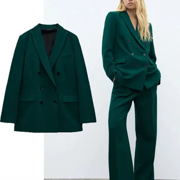 Za 2021 Dupla Soros Zöld Blézer Női Hosszú Ujjú Válltömés Vintage Felszerelt Blézer Felsőruházat Női Őszi Kabát
