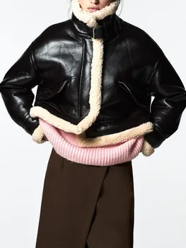 ZA őszi-téli új női stand-up gallér, hosszú ujjú, egyenes laza zsebbel dekoratív, meleg gyapjú műbőr kabát