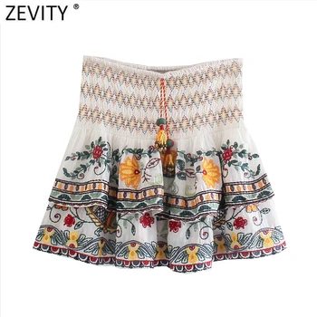 Zevity 2022 Nők Vintage Virágos Hímzéssel Dupla Réteg Fodros Mini Szoknya Faldas Mujer Hölgy Elegáns Rugalmas Vonal Vestido QUN902