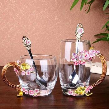 Zománc Kávé Virág Tea Csésze Bögre 3D Rose Pillangó Üveg Poharak Hozza Kanál Készlet, Hideg-Meleg Italok, Tea Csésze Esküvői Ajándék