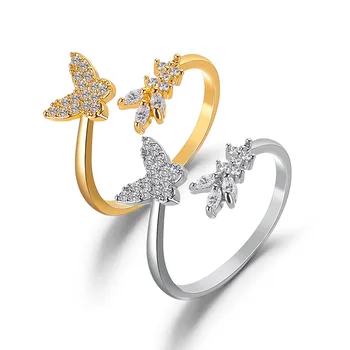 Édes Pillangó Nyílt Gyűrűk Nők Trend Strasszos Levél Állítható Réz Eljegyzési Design Gyűrű, Esküvői Divat, Ékszer, Ajándék