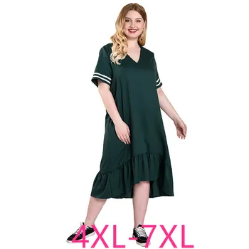 Új 2021 nyári molett ruhák nőknek nagy, rövid ujjú, laza alkalmi zöld, V-nyakú fodros, hosszú ruha 4XL 5XL 6XL 7XL
