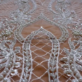Új divat a nagy mintát Le whtie kábel nehéz kézzel készített gyöngyös menyasszonyi ruha csipke anyagból 51