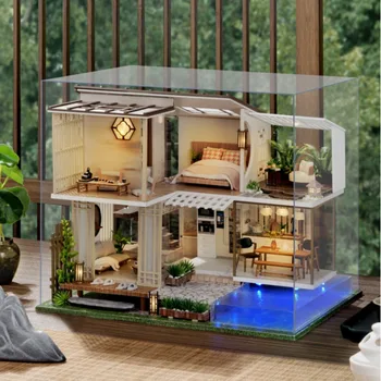 Új Fa babaház Kit Miniatűr Bútorok, Medence Modern Loft Casa DIY Villa Babaház Játékok a Felnőttek Karácsonyi Ajándék