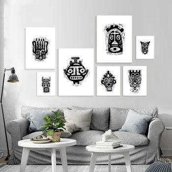 Ősi Afrikai Totem Minta Fekete, Fehér, Indiai Maszk A4-es Vászon Festmény Nyomtatás, Poszter Fali Kép, Hálószoba Dekoráció