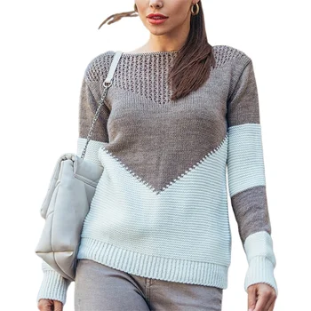Őszi Divat női Pulóver Kerek Nyak Streetwear Hosszú Ujjú Kontraszt Színes Patchwork Kötött SweaterLoose Pulóver Party