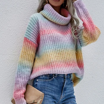Őszi szivárvány kötött garbó pulóver plusz méretű pulóver, női pullovers 2021 téli női vintage pulóver Divat Pulóver
