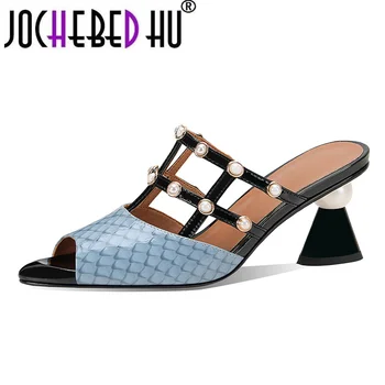 【JOCHEBED HU】2021 Új érkezés divat a nők öszvérek cipő valódi bőrből készült, vegyes színű alkalmi cipő, nyári szögletes sarkú női 33-42